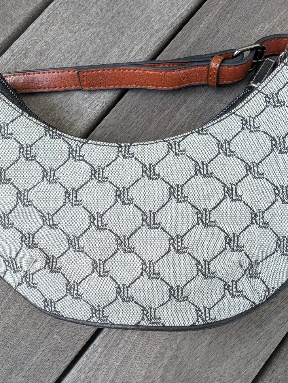 Vintage Ralph Lauren Gray Monogram Crescent Shoulder Bag with Adjustabable Strap